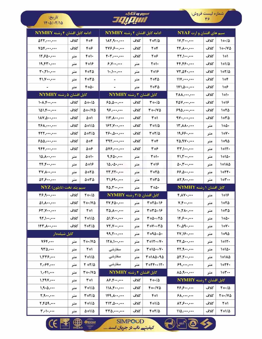 لیست قیمت شرکت سیمپود سیم و کابل های افشان